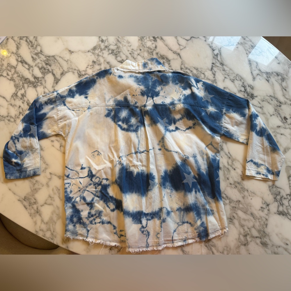 VTG Kabana Blue & White Tie-Dye Star Print Button Down Shirt Women’s – PTP 23.5” - Picture 8 of 9